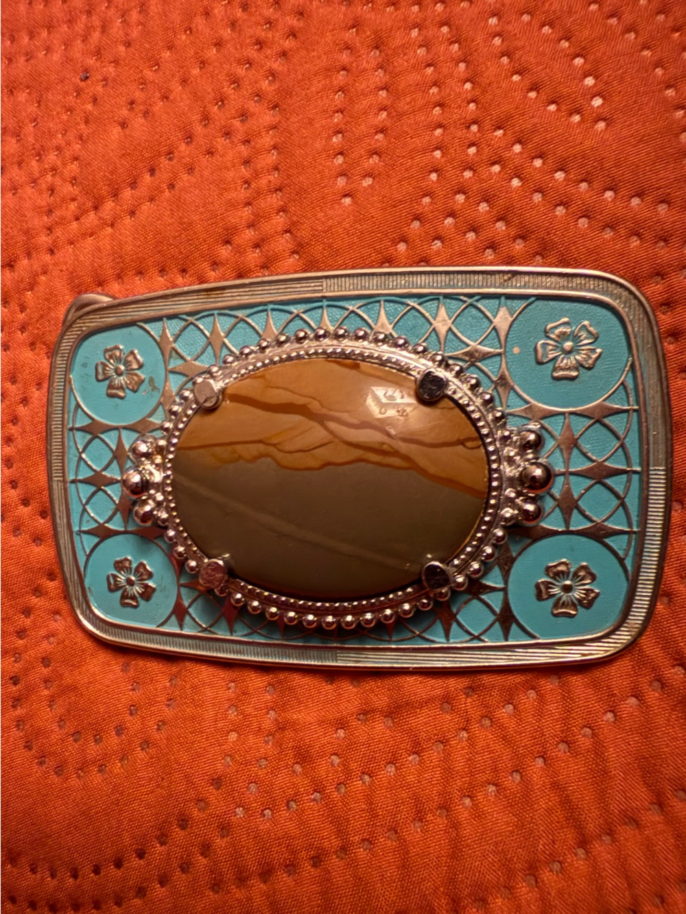 Turquoise Enamel Belt Buckle with Brown Stone Center